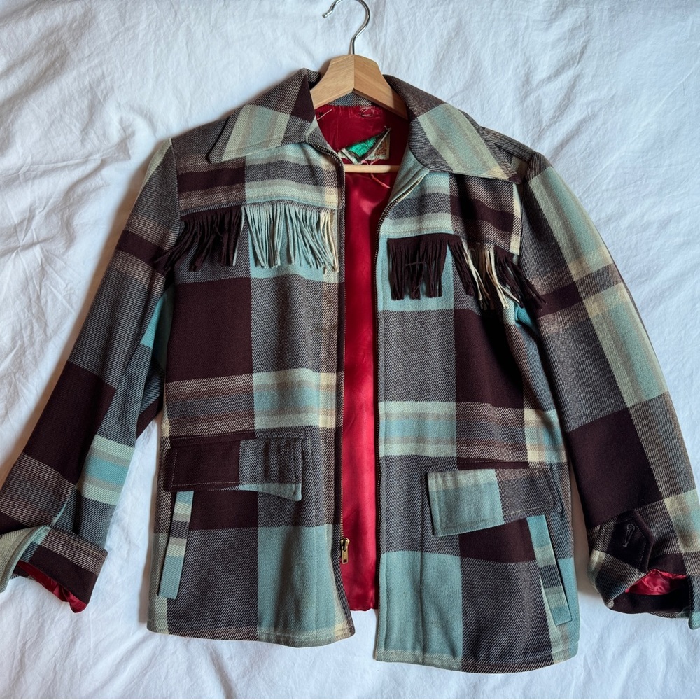 Vintage wool plaid jacket with fringe